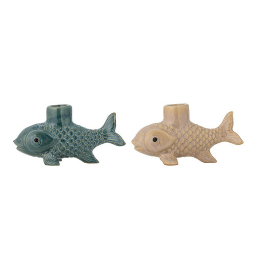 Set of 2 fish shaped candle holders. One blue & one taupe colour finish on a white background.