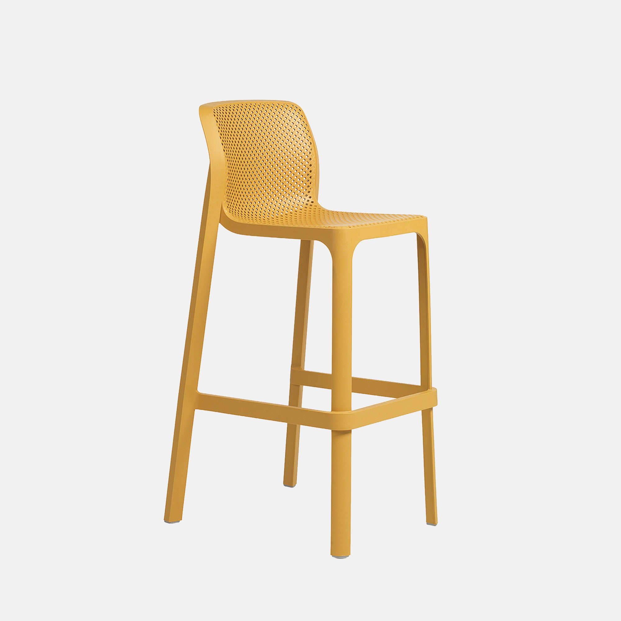 Yellow garden bar stool with woven backrest on a white background