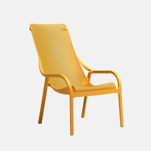 Yellow net lounge chair with woven design on a white background