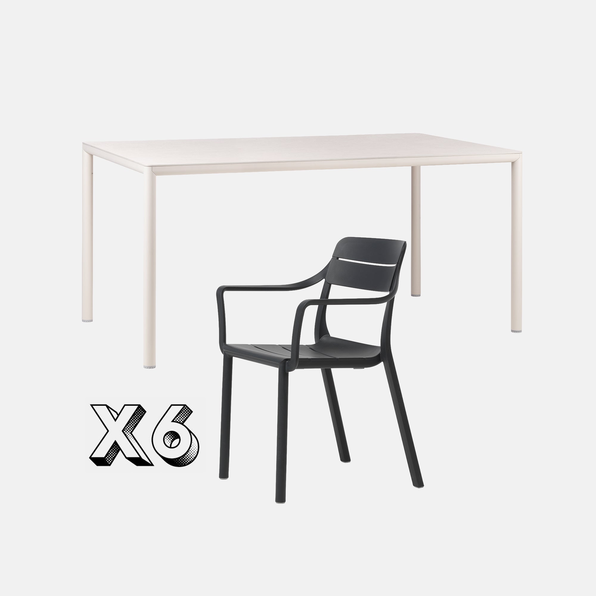 Piave Garden Table 160cm In Natural With 6 Cassia Garden Chairs In Anthracite On Grey Background