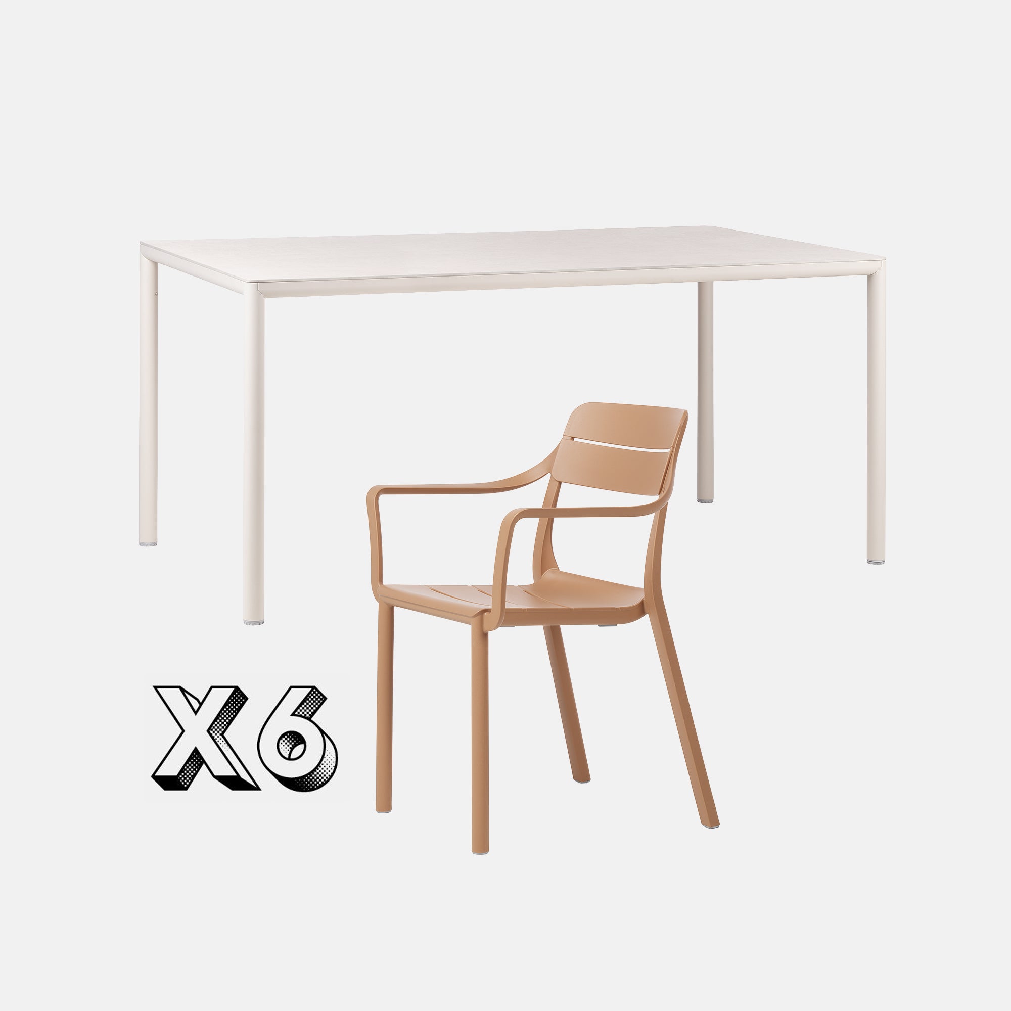 Piave Garden Table 160cm In Natural With 6 Cassia Garden Chairs In Cappuccino On Grey Background