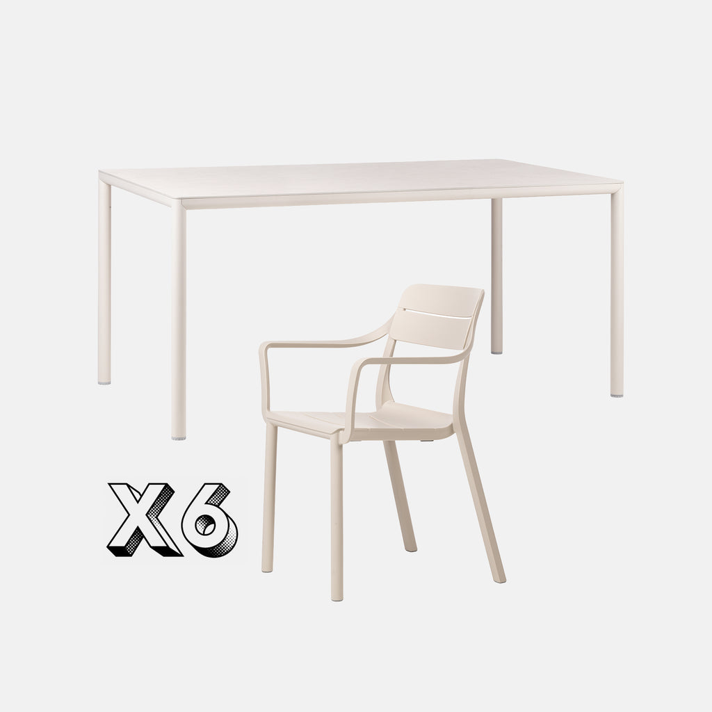 Piave Garden Table 160cm In Natural With 6 Cassia Garden Chairs In Natural On Grey Background