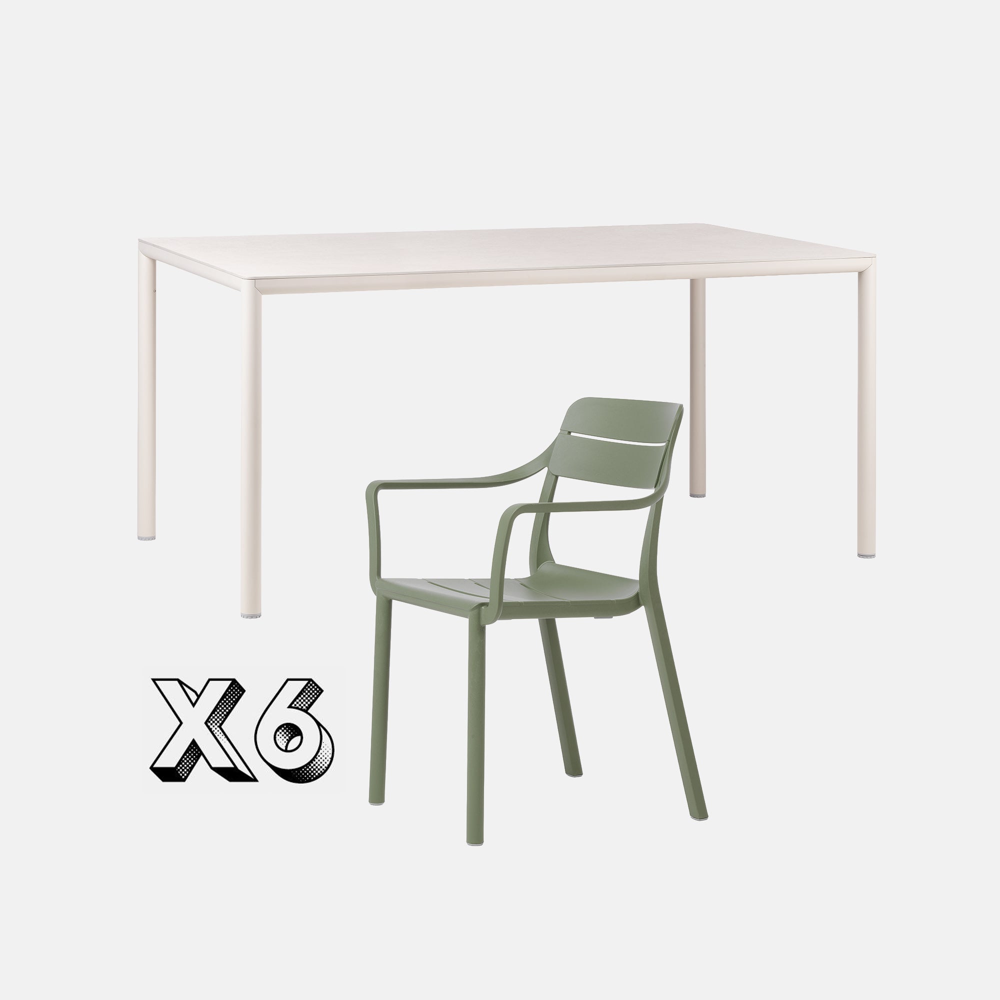 Piave Garden Table 160cm In Natural With 6 Cassia Garden Chairs In Olive On Grey Background