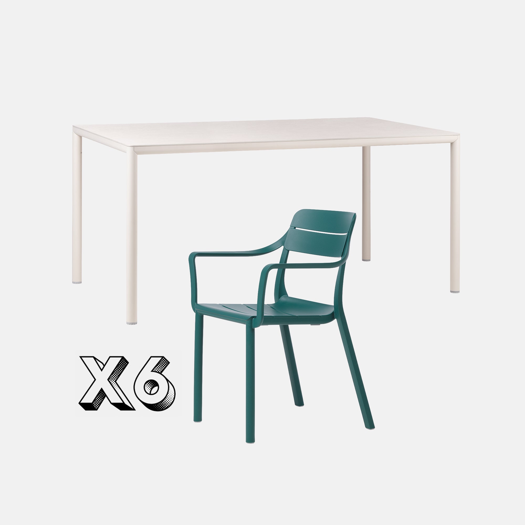 Piave Garden Table 160cm In Natural With 6 Cassia Garden Chairs In Teal On Grey Background
