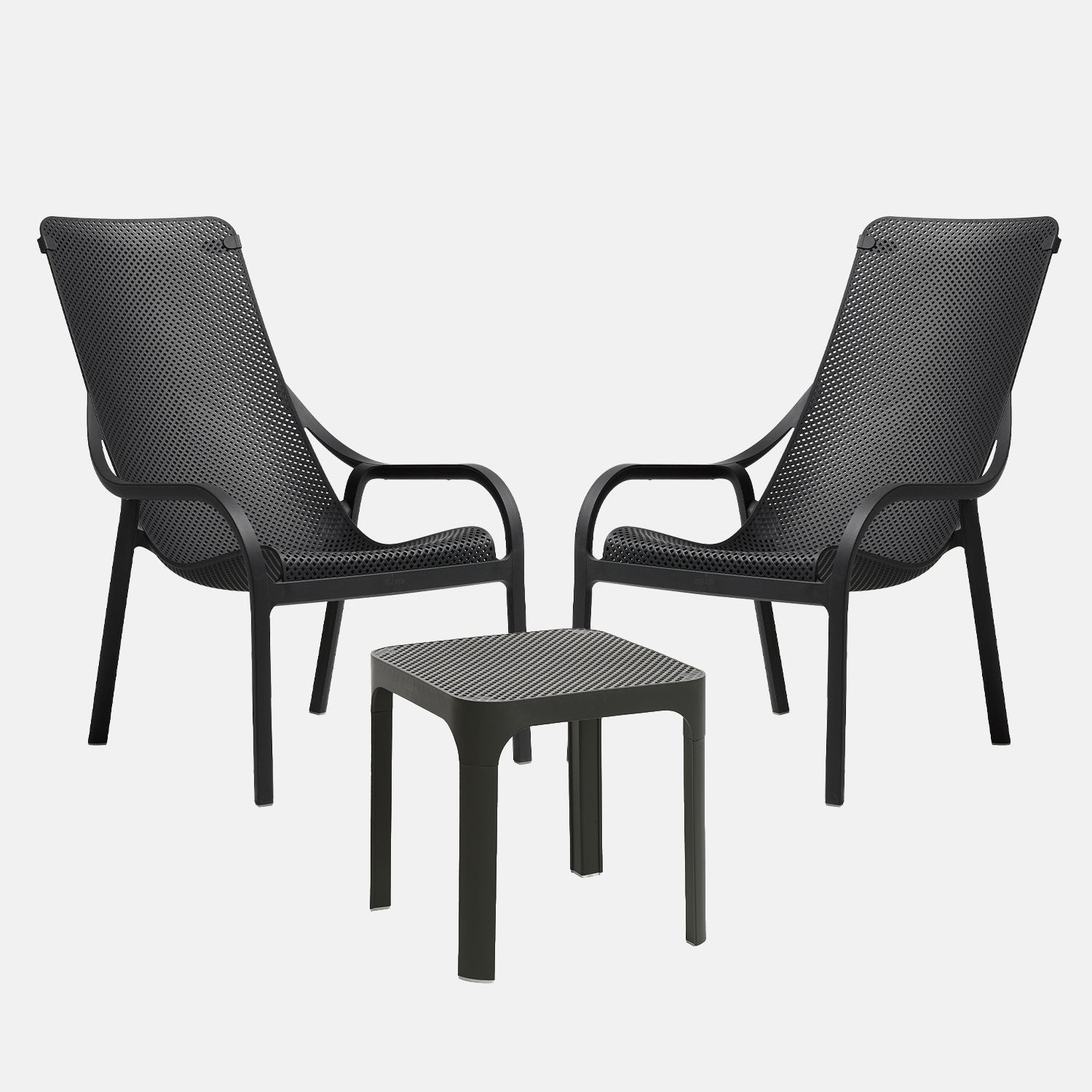 Two black net lounge chairs and a small net 40 table on a white background