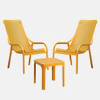 Yellow outdoor furniture set with two chairs and a small table on a white background