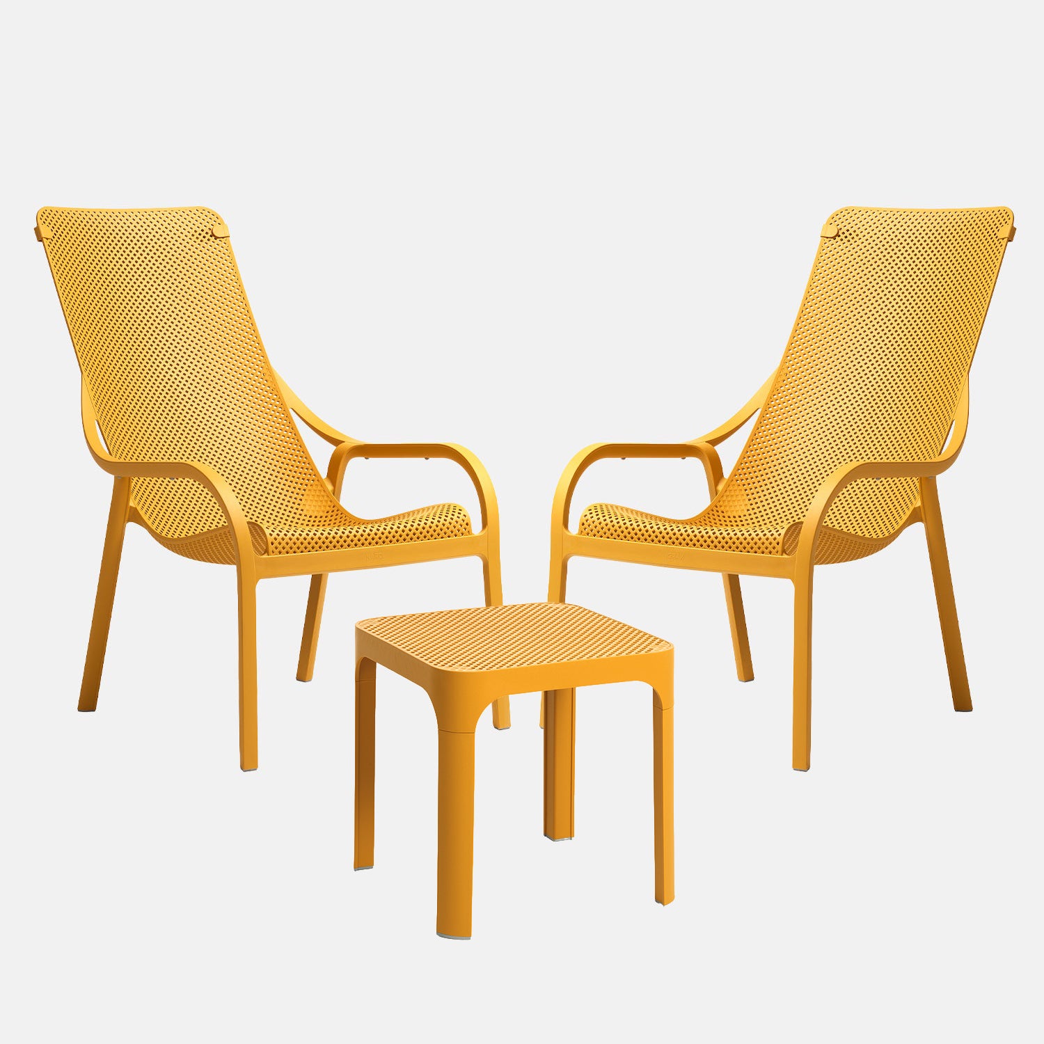 Yellow outdoor furniture set with two chairs and a small table on a white background