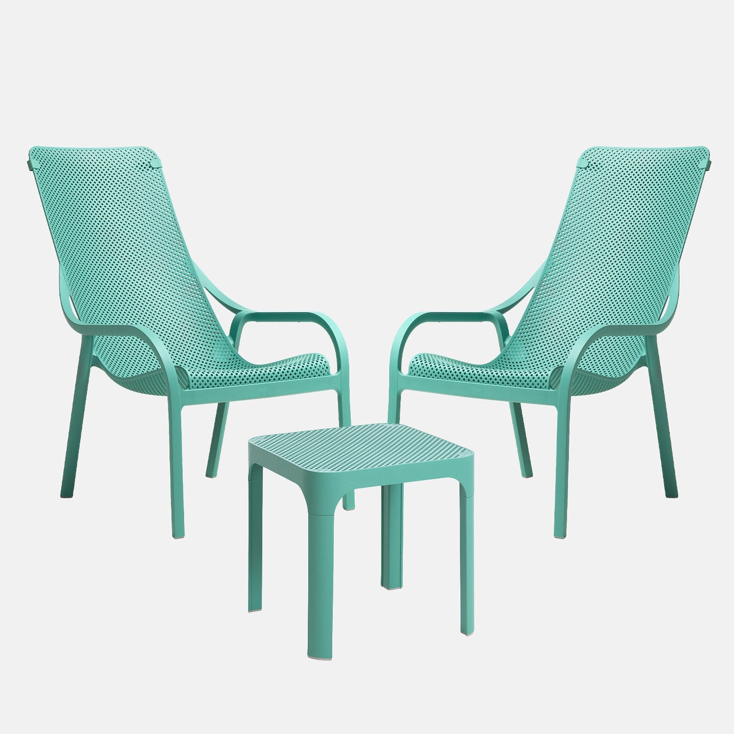 Two turquoise net lounge chairs and a matching table on a white background
