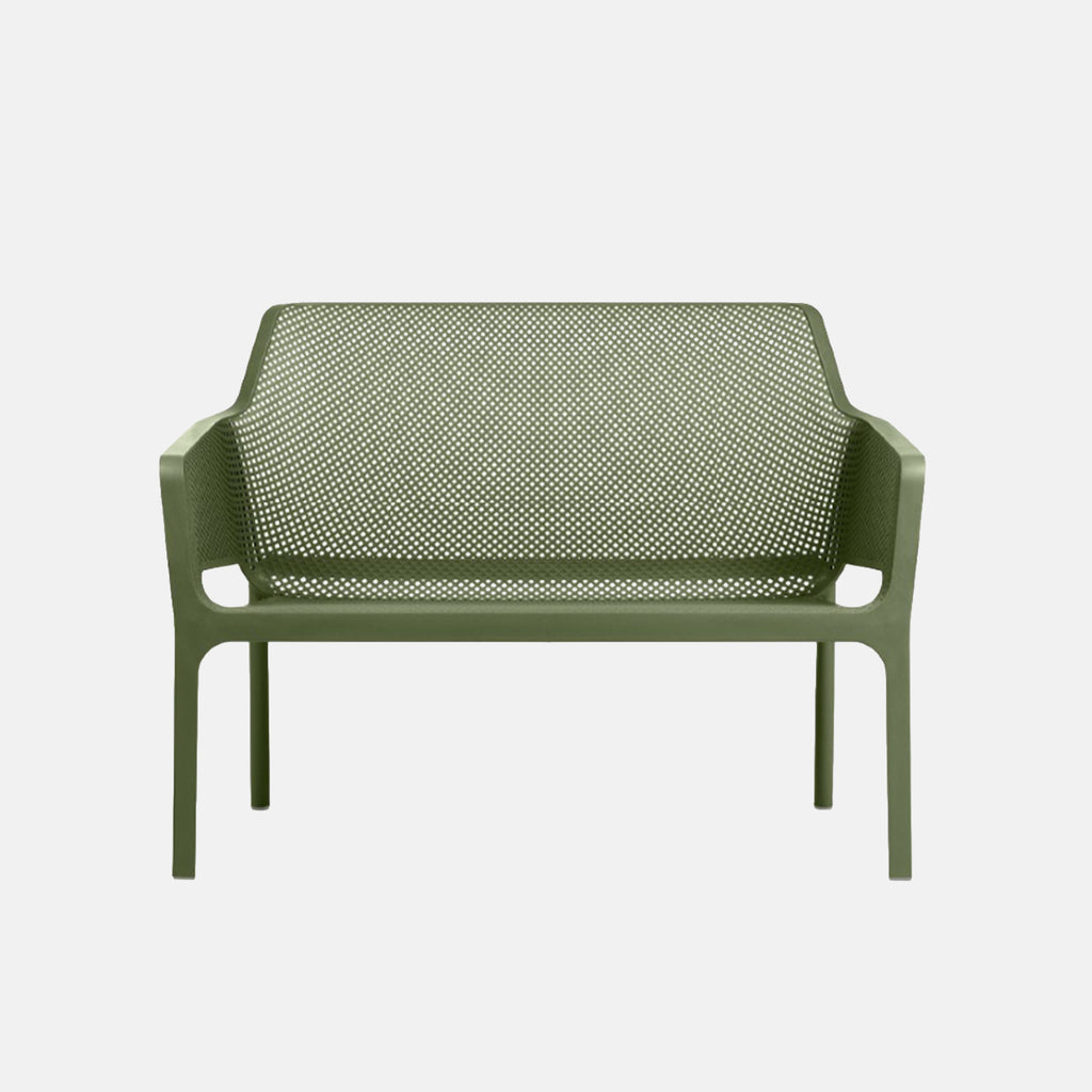 Green mesh Net bench in agave colour finish on a white background