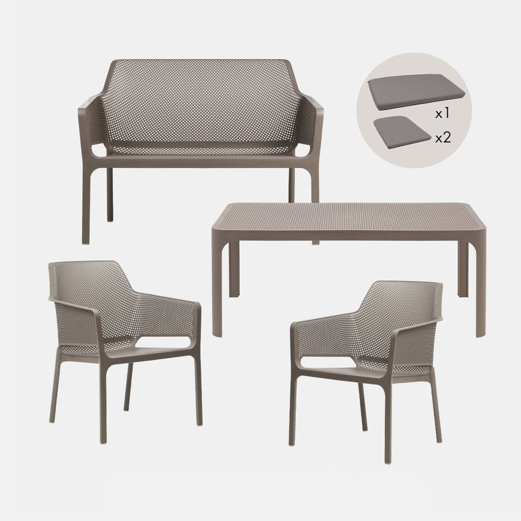 Net Garden Set - Bench, Chairs, Table & Cushions