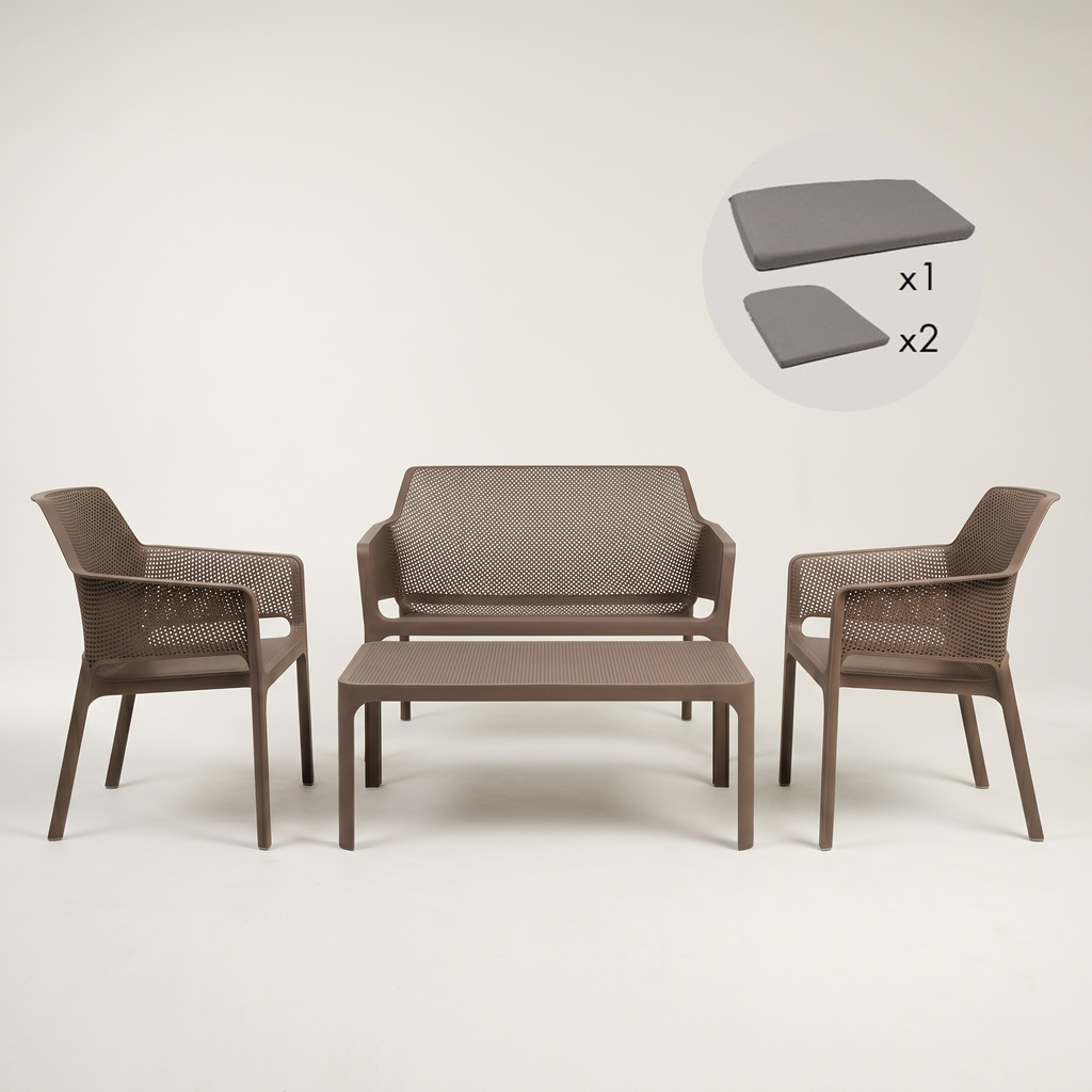 Nardi Garden Set - Net Table, Bench, x2 Net Relax Chairs & Cushions
