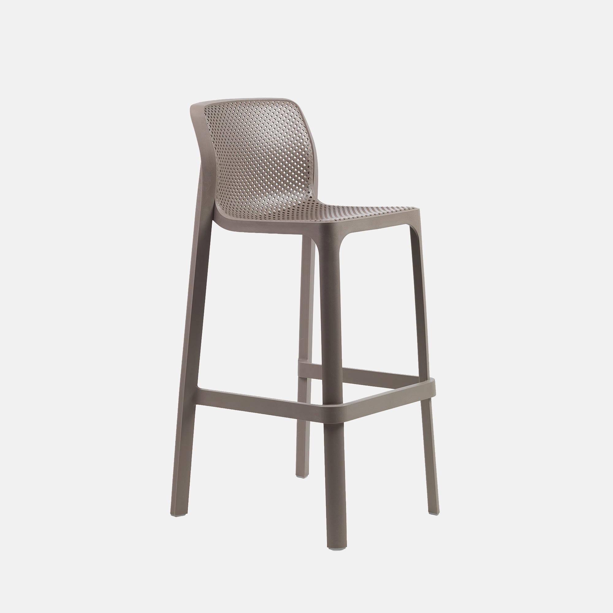 Taupe net garden bar stool with mesh seat back on a white background