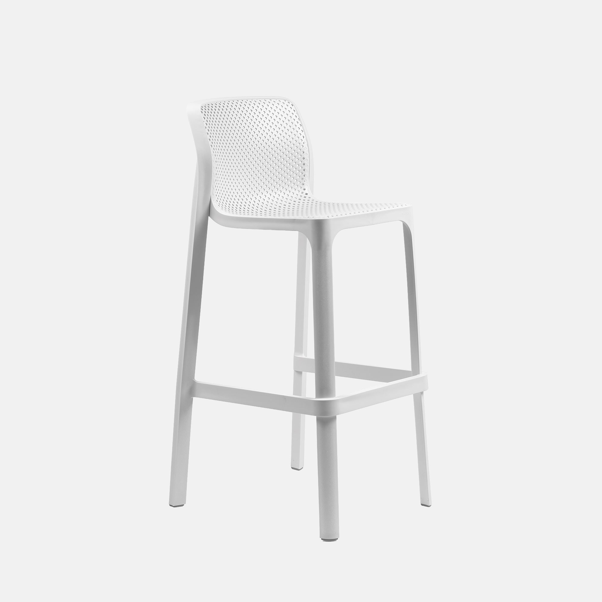 White bar stool with mesh backrest on a light grey background