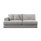 A modern low-profile sofa in light gray textured fabric, featuring two matching throw pillows, shown against a plain white background.