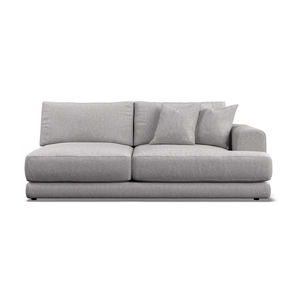 Willa - a modern two-seater sofa upholstered in light gray textured fabric, featuring two matching throw pillows, shown against a plain white background.