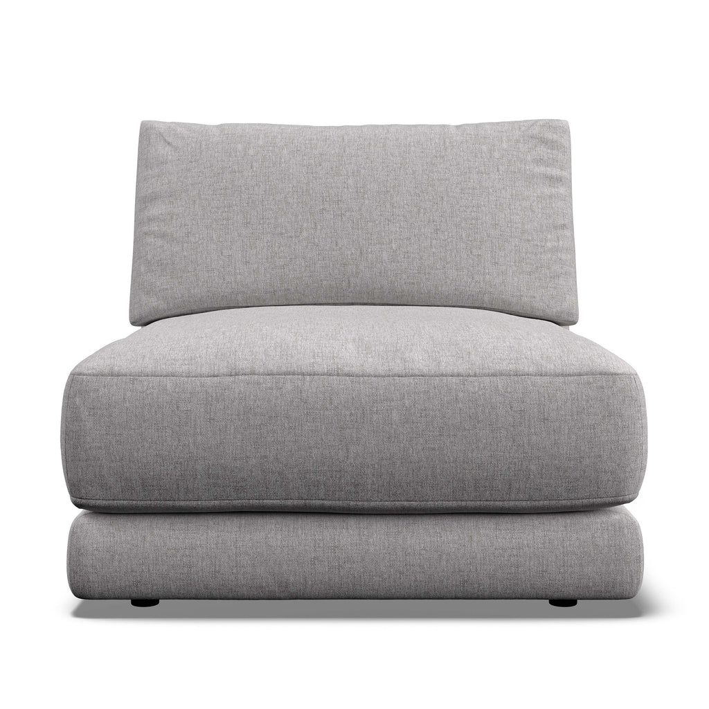 A light gray upholstered armless unit with a thick seat cushion, a matching back cushion, and a double-decker base, shown against a plain white background.
