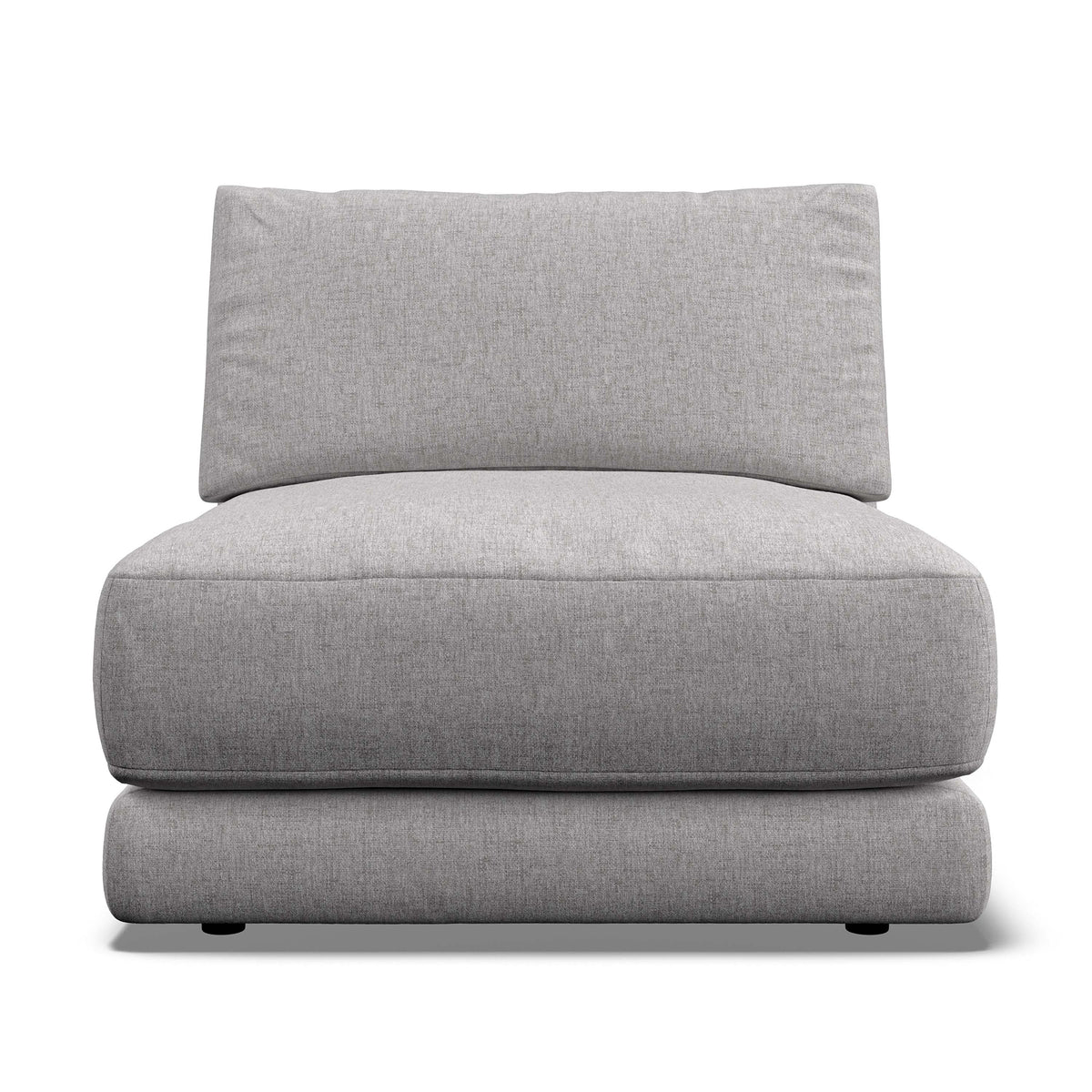 A light gray upholstered armless unit with a thick seat cushion, a matching back cushion, and a double-decker base, shown against a plain white background.