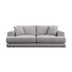 A modern extra large sofa with  two- in light gray textured fabric, featuring two matching throw pillows, shown against a plain white backgroud