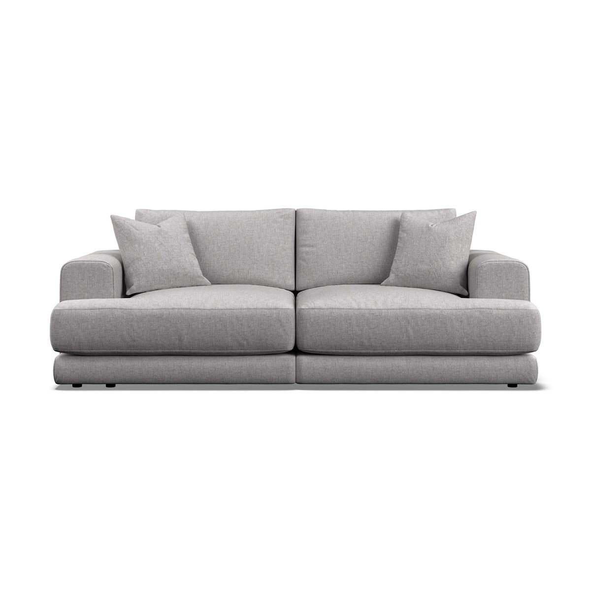 A modern extra large sofa with  two- in light gray textured fabric, featuring two matching throw pillows, shown against a plain white backgroud