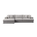 A modern light gray fabric sectional sofa with a left-facing chaise lounge and multiple matching throw pillows, shown against a plain white - background.