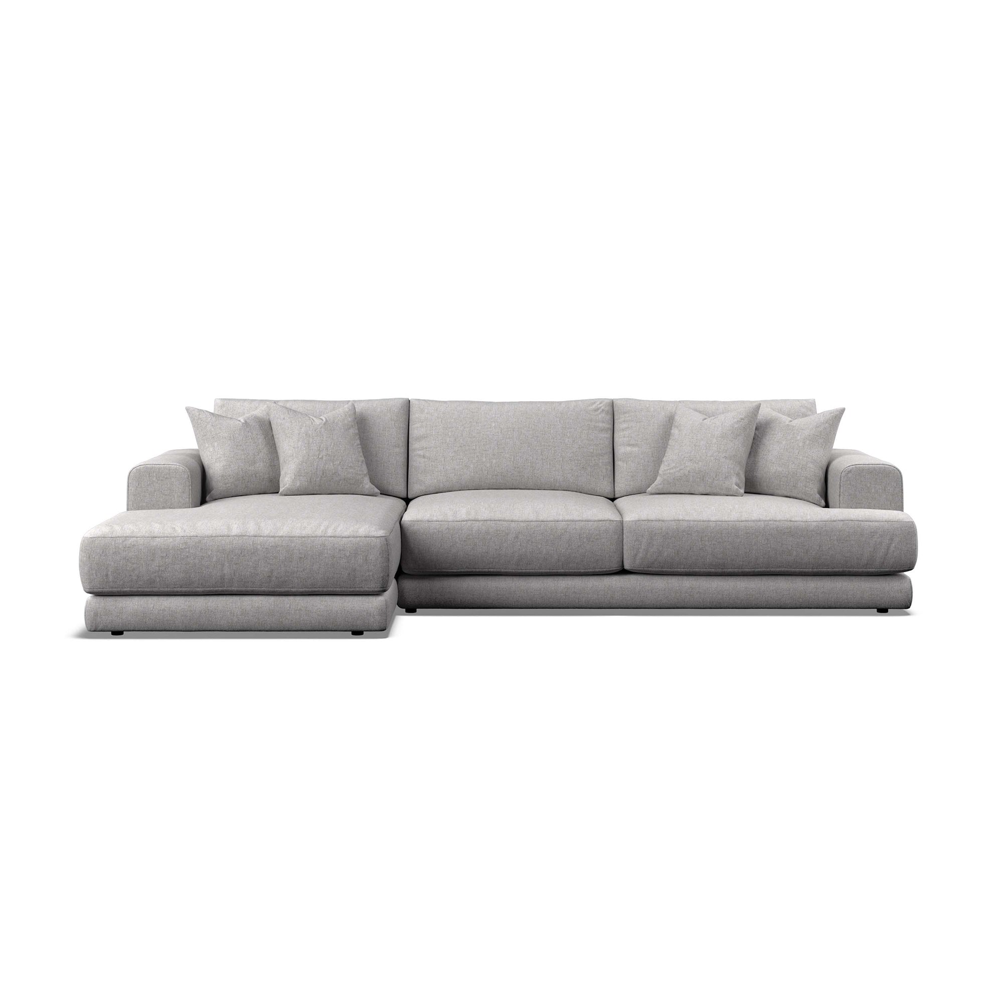 A modern light gray fabric sectional sofa with a left-facing chaise lounge and multiple matching throw pillows, shown against a plain white - background.
