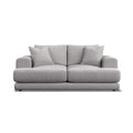 A modern two-seater sofa in light gray textured fabric, featuring two matching throw pillows, shown from a front-facing perspective on a solid white background.