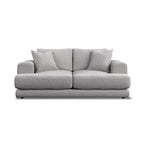 A modern two-seater sofa in light gray textured fabric, featuring two matching throw pillows, shown from a front-facing perspective on a solid white background.