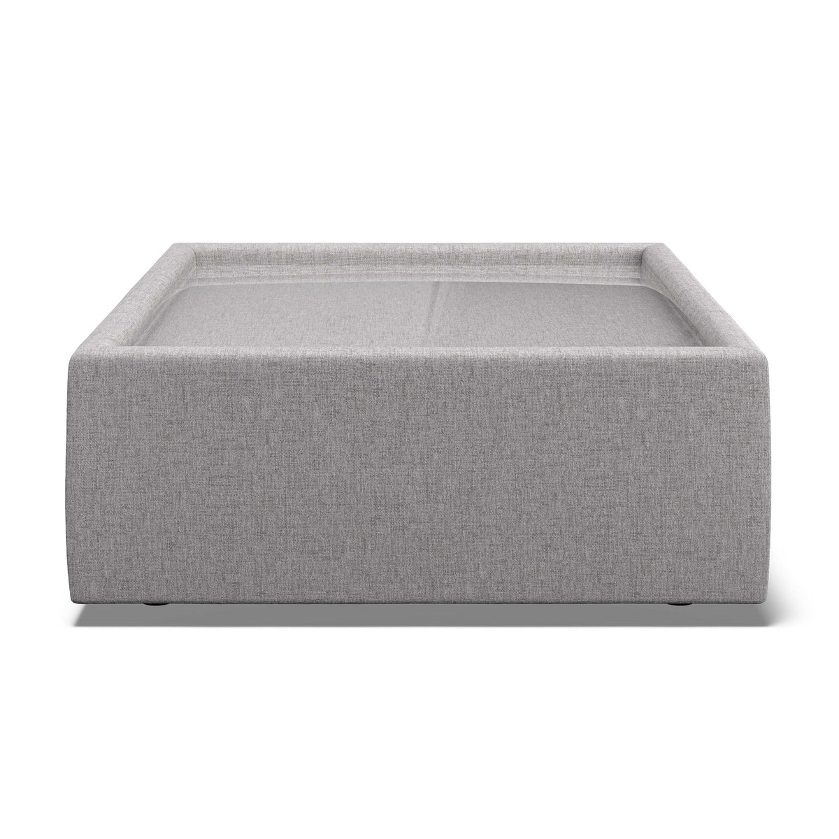 A square, low-profile bench upholstered in light gray textured fabric, shown from a front-facing perspective on a clean white background.