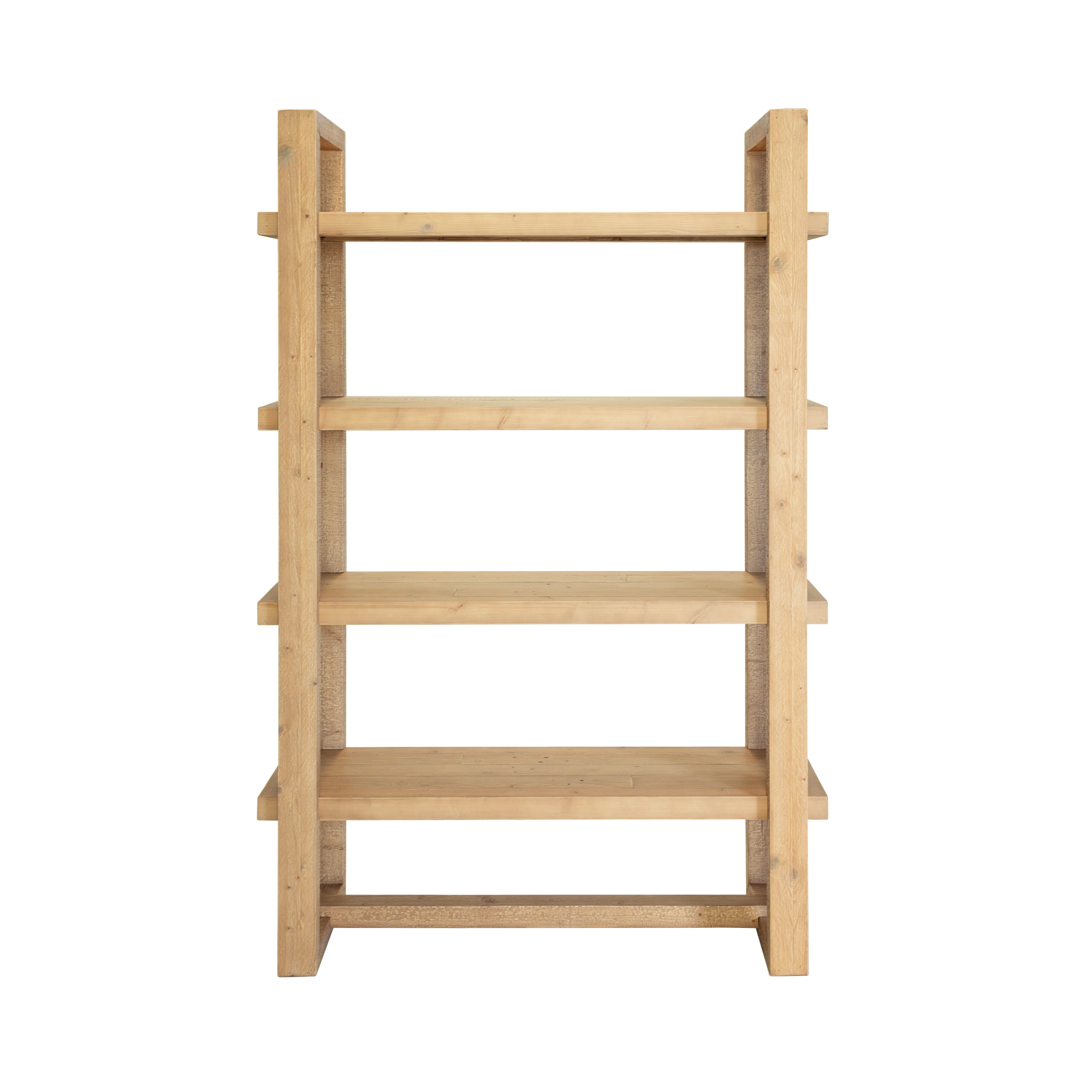 Wooden bookshelf with four shelves on a white background