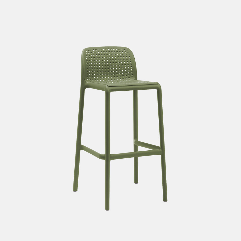 Lido olive green bar stool with woven backrest on a light grey background