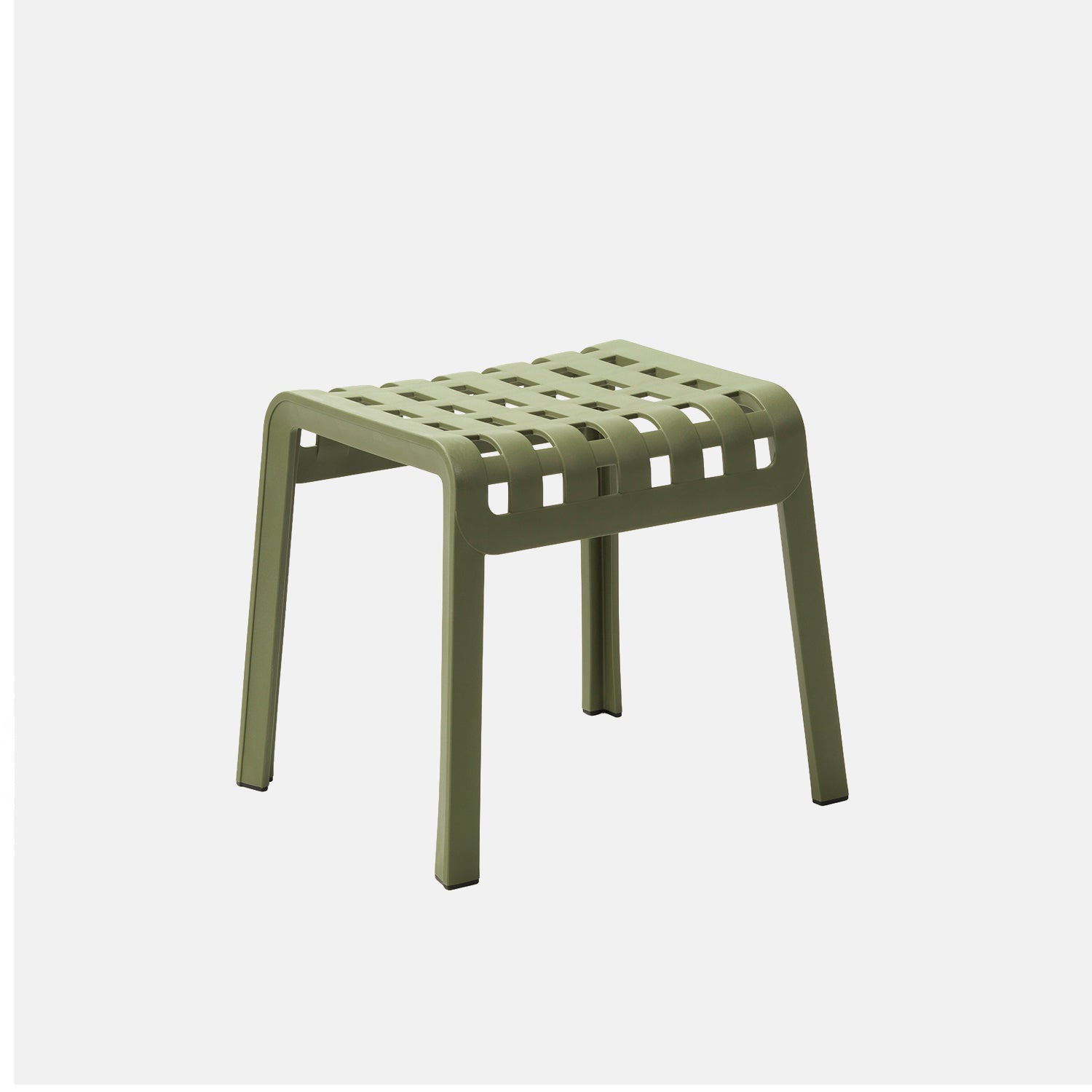 Green garden footstool with a grid pattern top on a white background