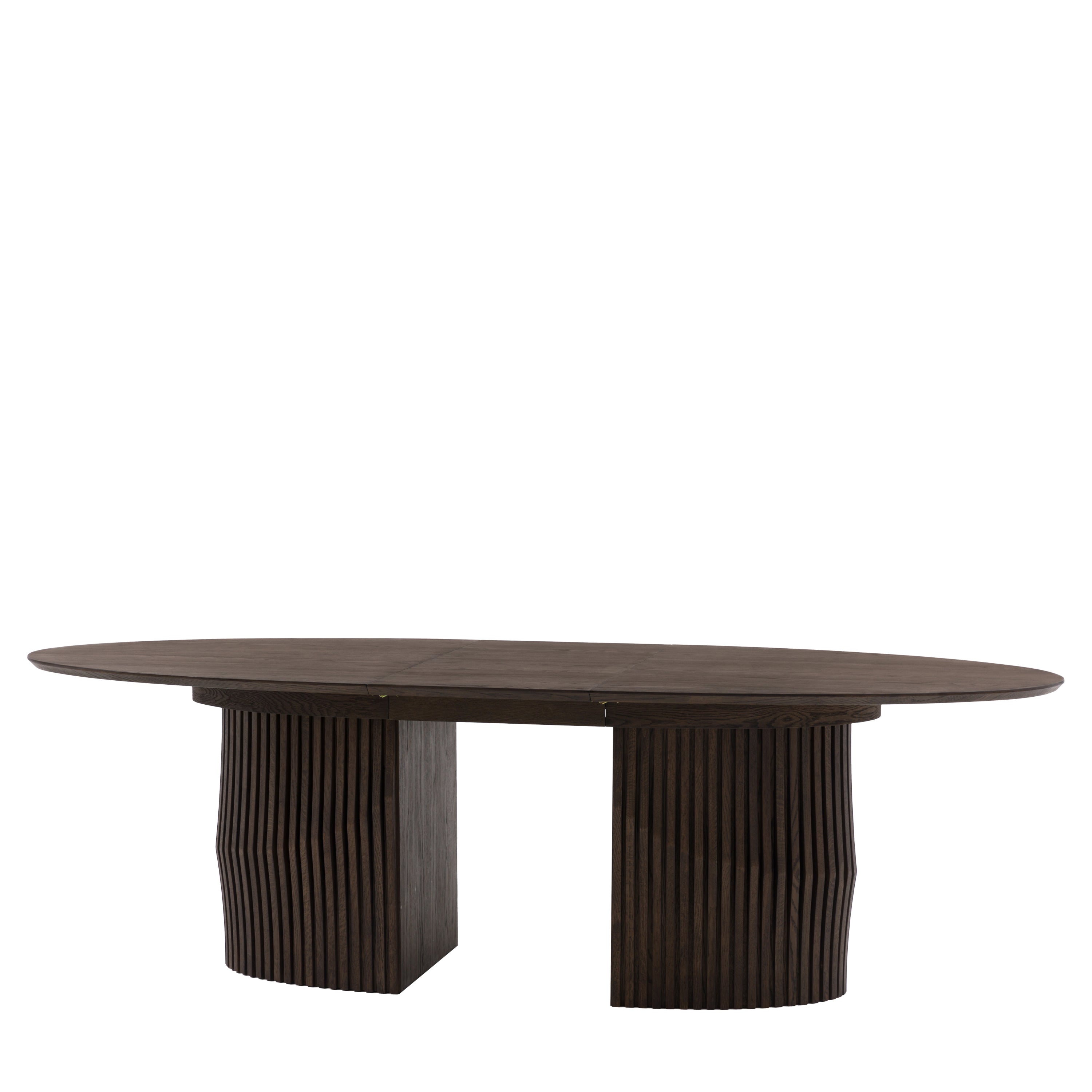 Oval table with wavy base design on a white background