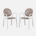 Two Palma outdoor chairs with brown slatted backs and seats on a white background