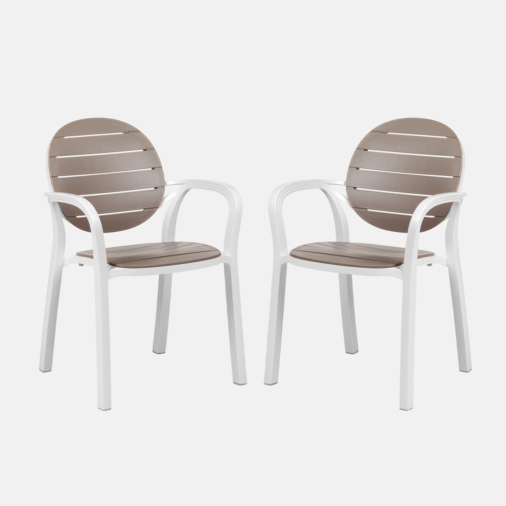 Two Palma outdoor chairs with brown slatted backs and seats on a white background