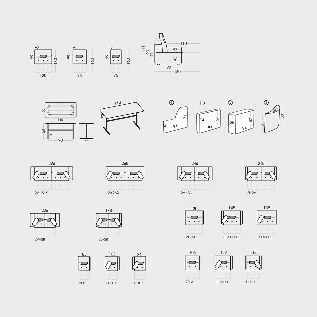 View the measurements of the Fama Paradis modular sofa.