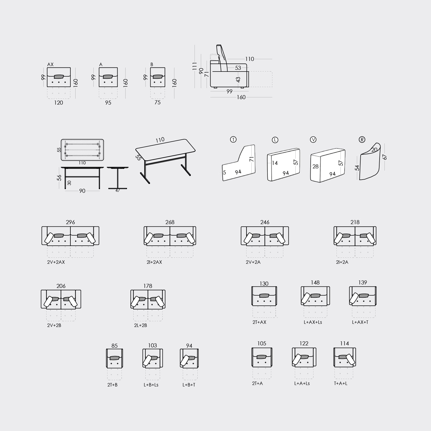 View the measurements of the Fama Paradis modular sofa.