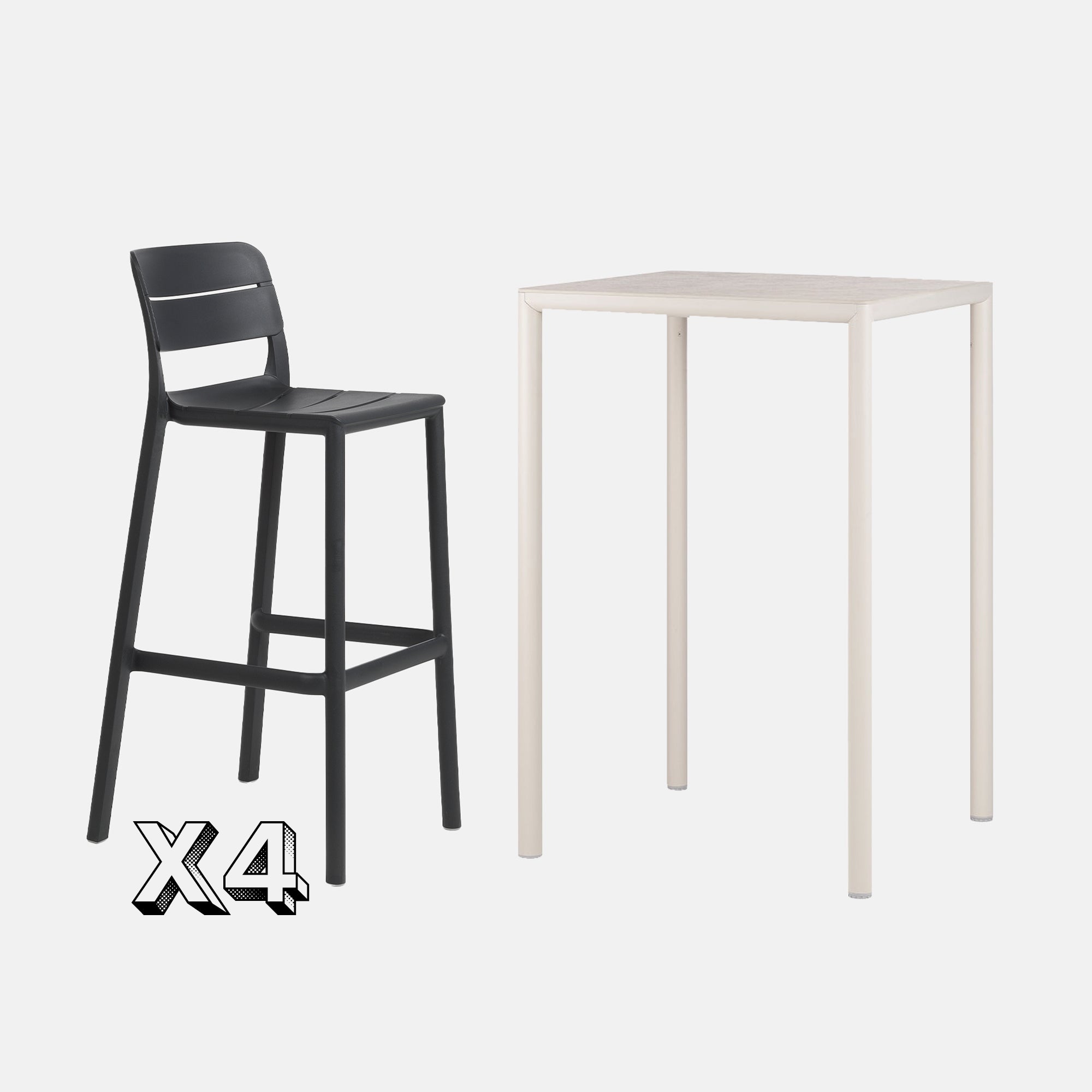 Dining Set - Piave 70cm Bar Table  In Natural With  Cassia Bar Stools in Anthracite On A Grey Background 