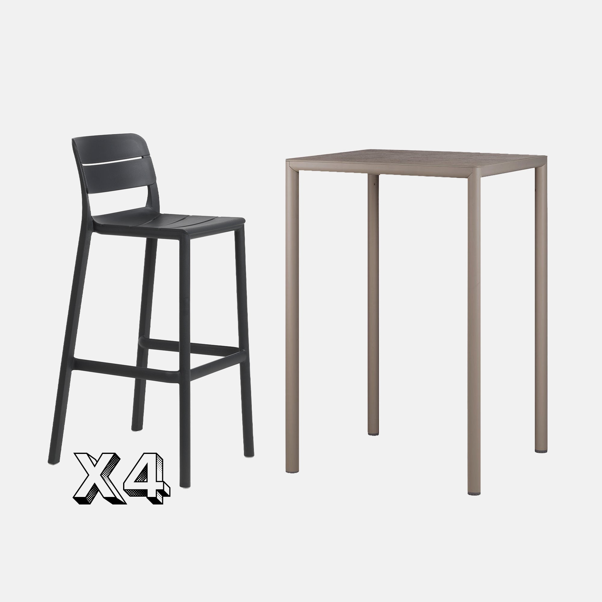Dining Set - Piave 70cm Bar Table In Taupe With Cassia Bar Stool In Black On A Grey Background