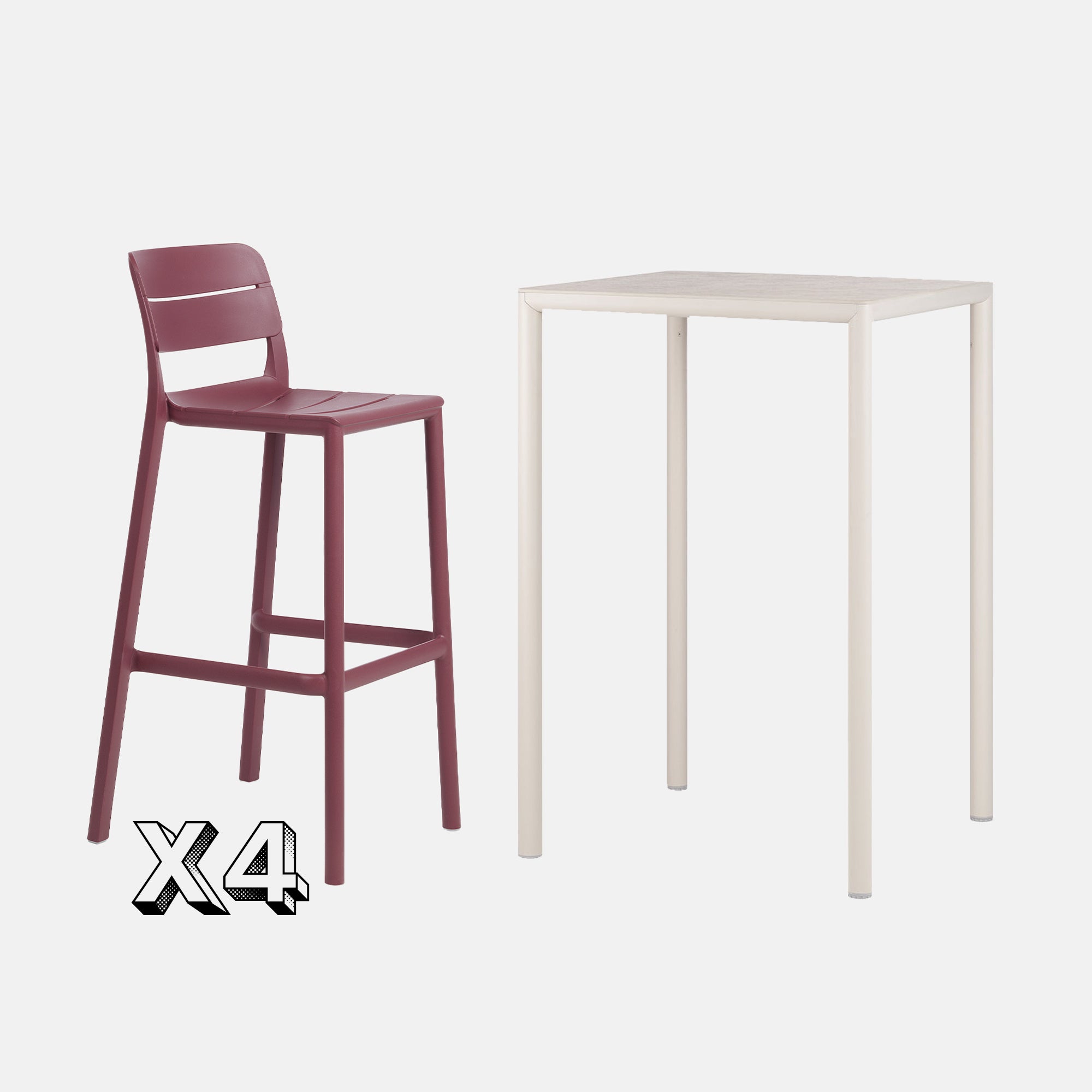 Dining Set - Piave 70cm Bar Table  In Natural With  Cassia Bar Stools in Burgundy On A Grey Background 