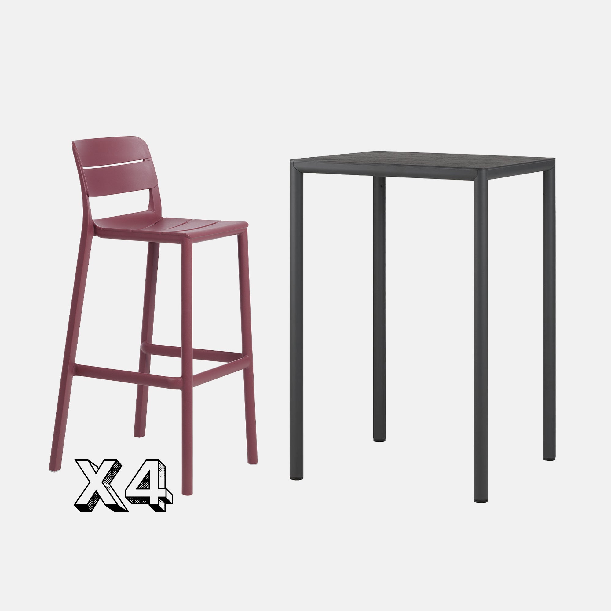 Dining Set - Piave 70cm Bar Table  In Anthracite & Cassia Bar Stools -In Burgundy Against A Grey Background