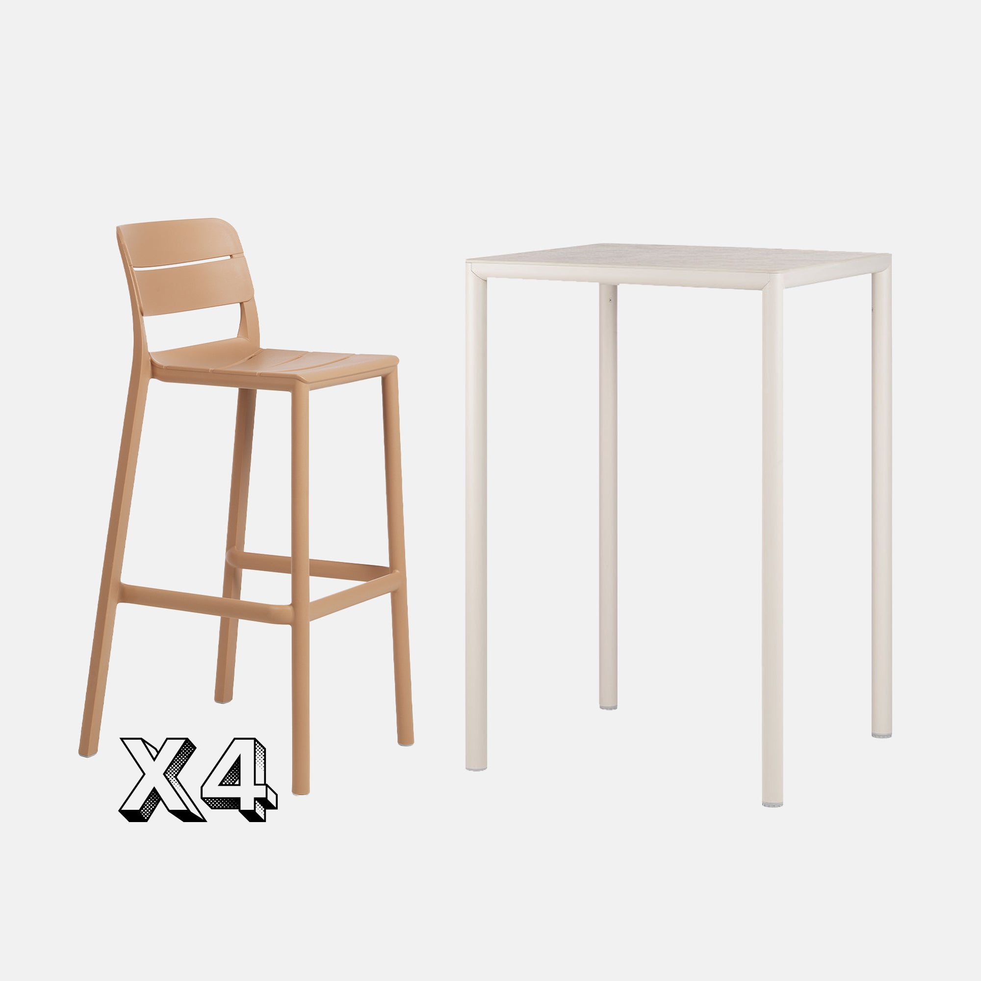 Dining Set - Piave 70cm Bar Table  In Natural With  Cassia Bar Stools in Cappuccino On A Grey Background 