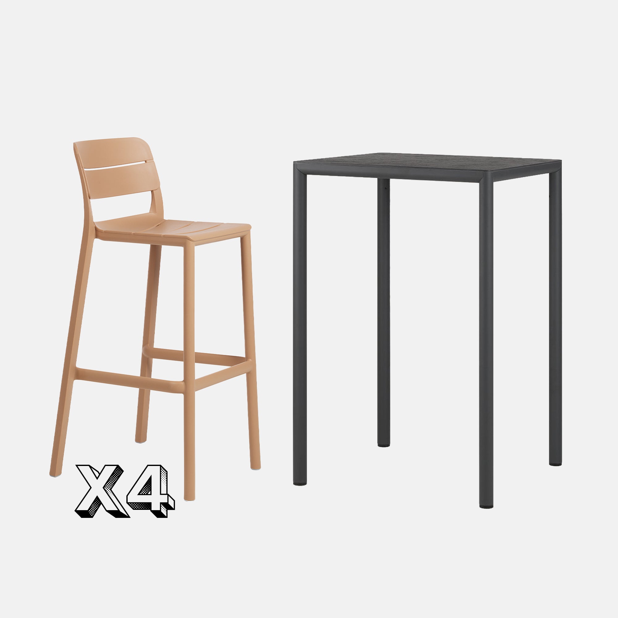 Dining Set - Piave 70cm Bar Table  In Anthracite & Cassia Bar Stools -In Cappuccino Against A Grey Background