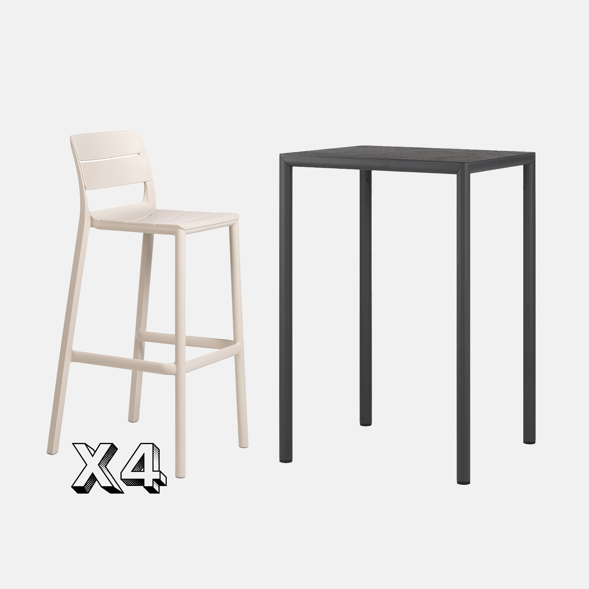 Dining Set - Piave 70cm Bar Table  In Anthracite & Cassia Bar Stools -In Natural Against A Grey Background
