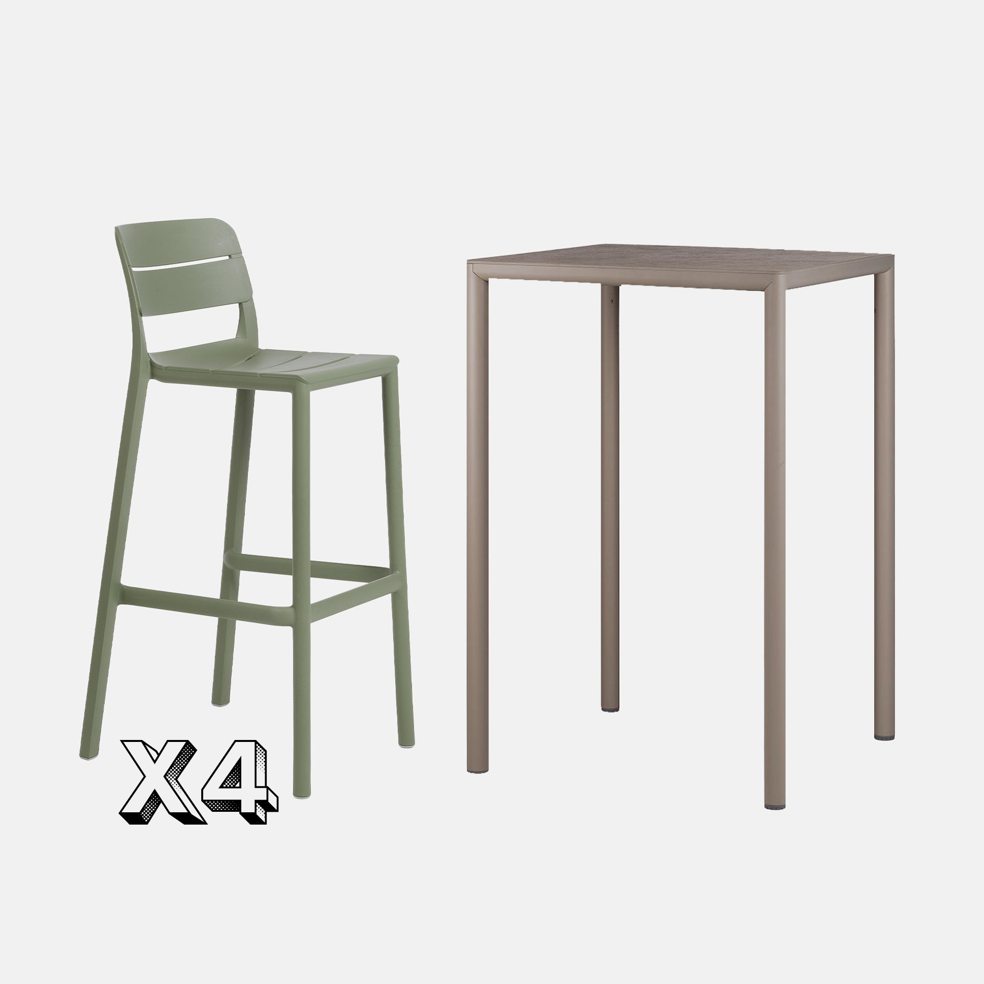 Dining Set - Piave 70cm Bar Table In Taupe With Cassia Bar Stools In Olive Green On A Grey Background