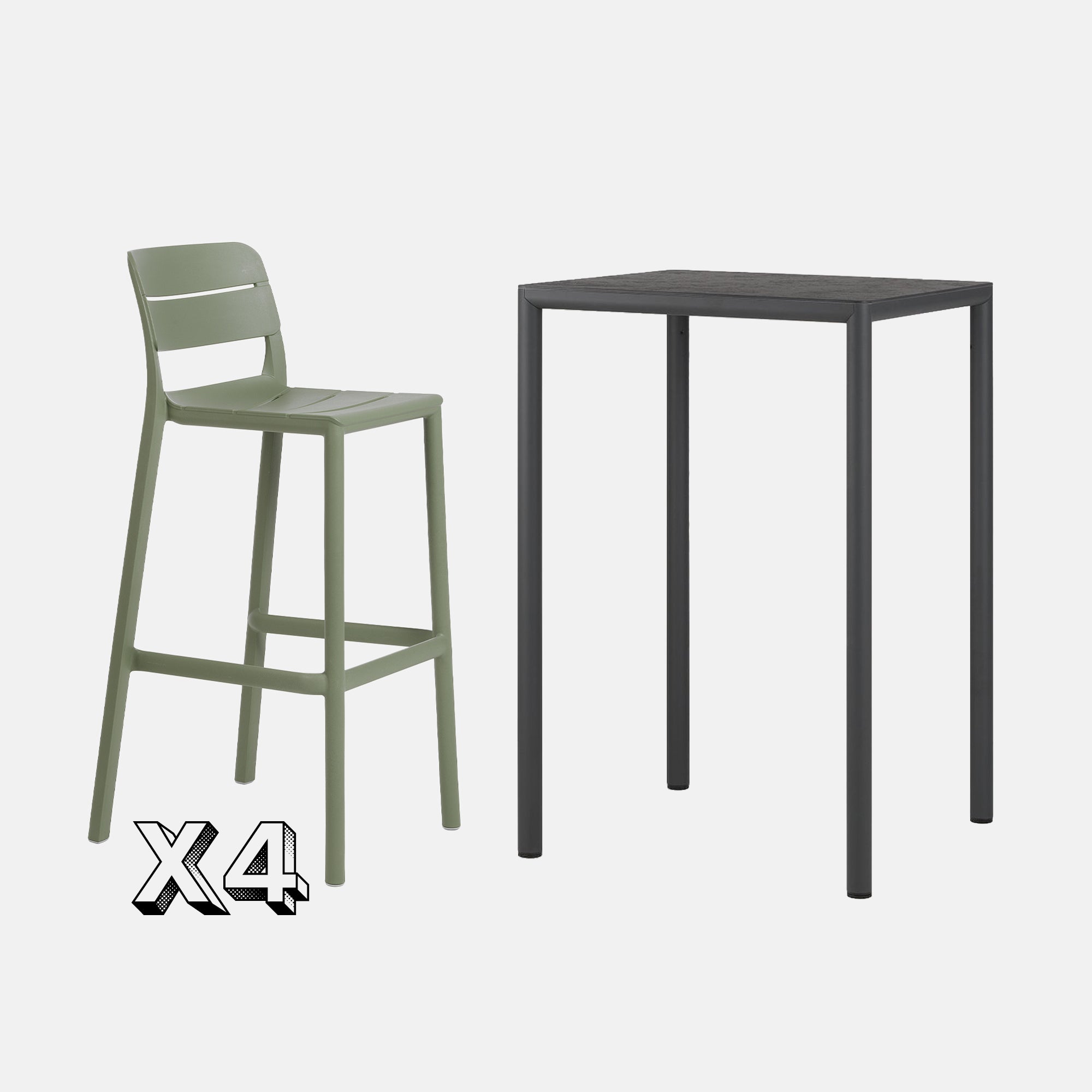 Dining Set - Piave 70cm Bar Table  In Anthracite & Cassia Bar Stools In Olive Against A Grey Background