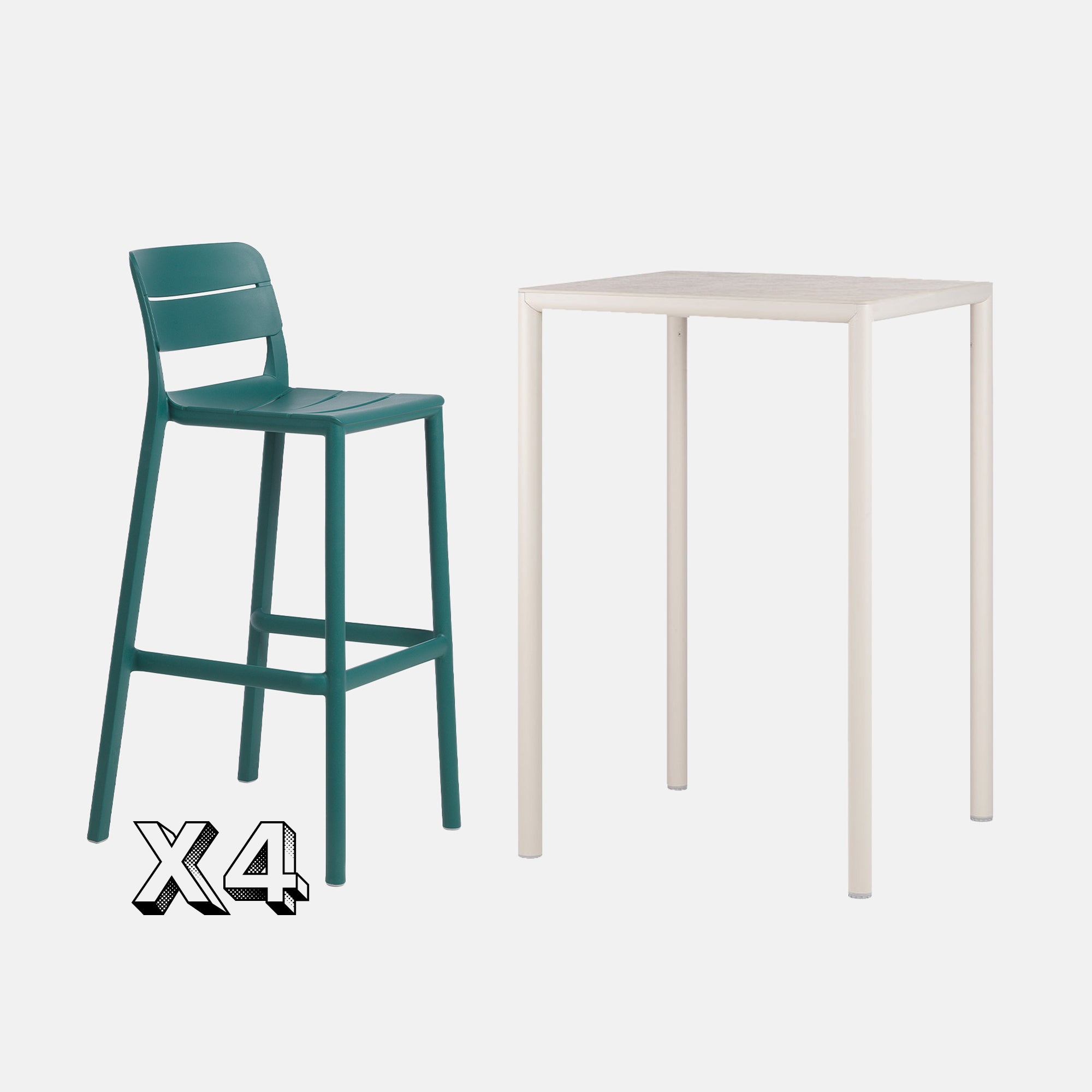 Dining Set - Piave 70cm Bar Table  In Natural With  Cassia Bar Stools in Teal On A Grey Background 