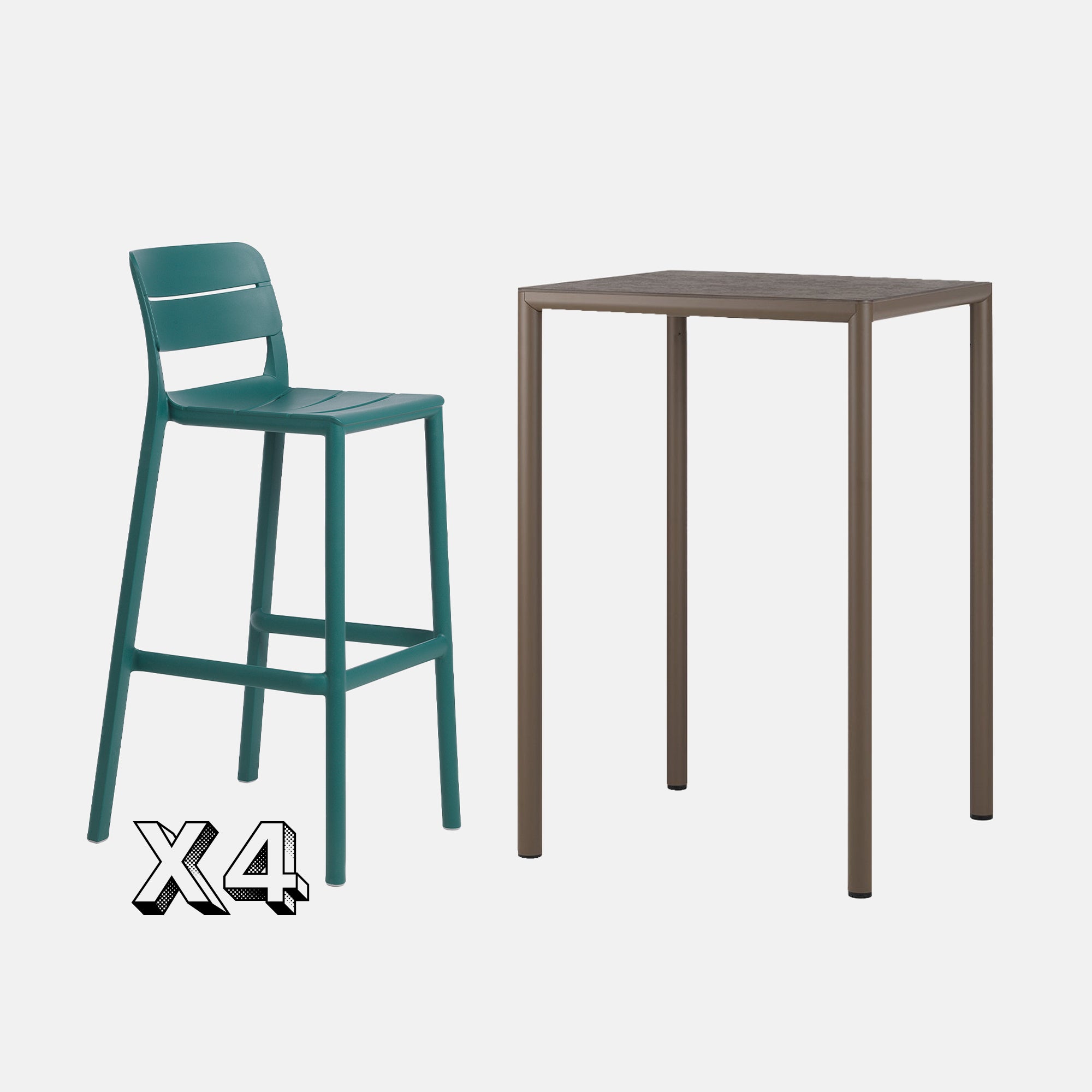 Teal outdoor Cassia bar stool and square table on a light grey background.