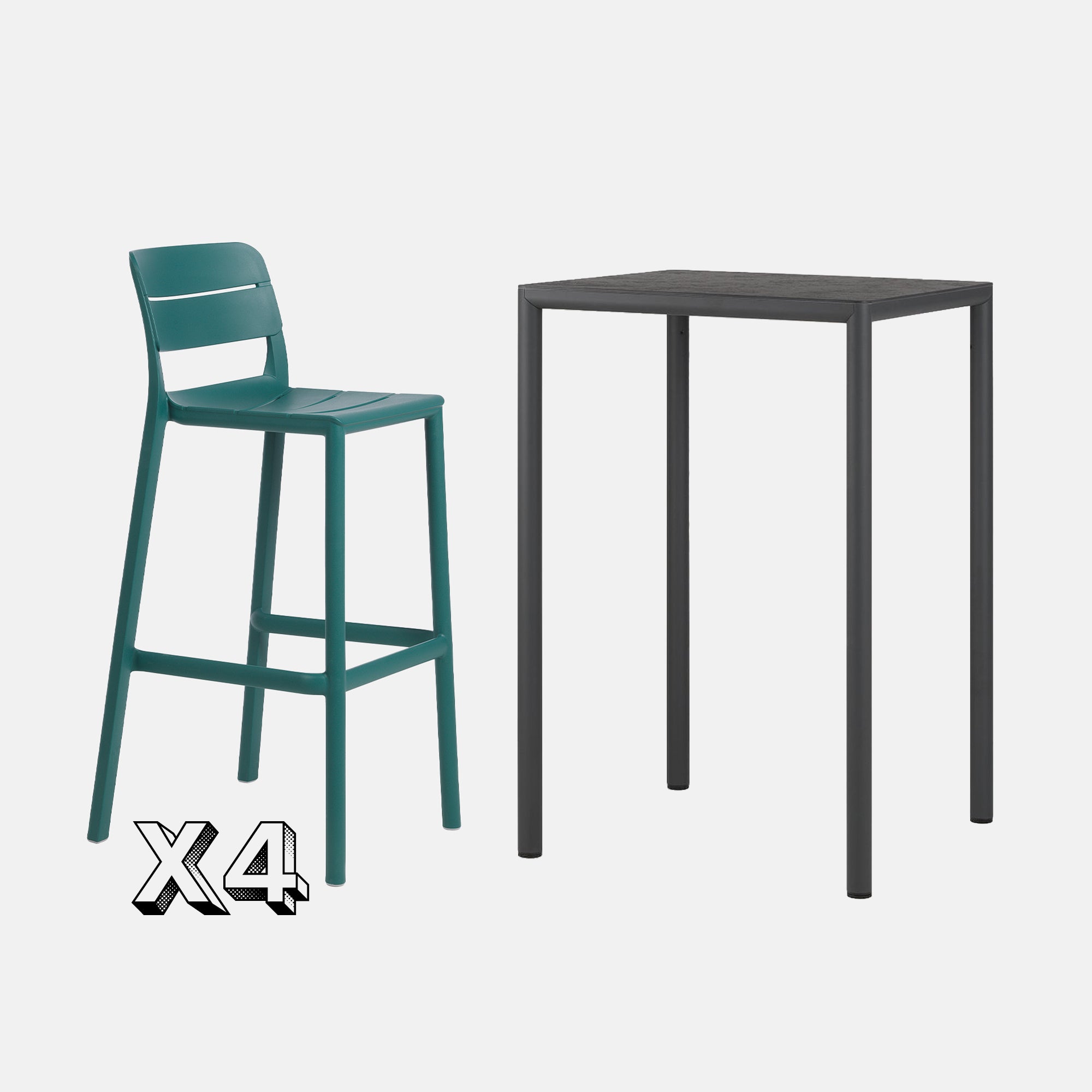 Dining Set - Piave 70cm Bar Table  In Anthracite & Cassia Bar Stools In Teal Against A Grey Background