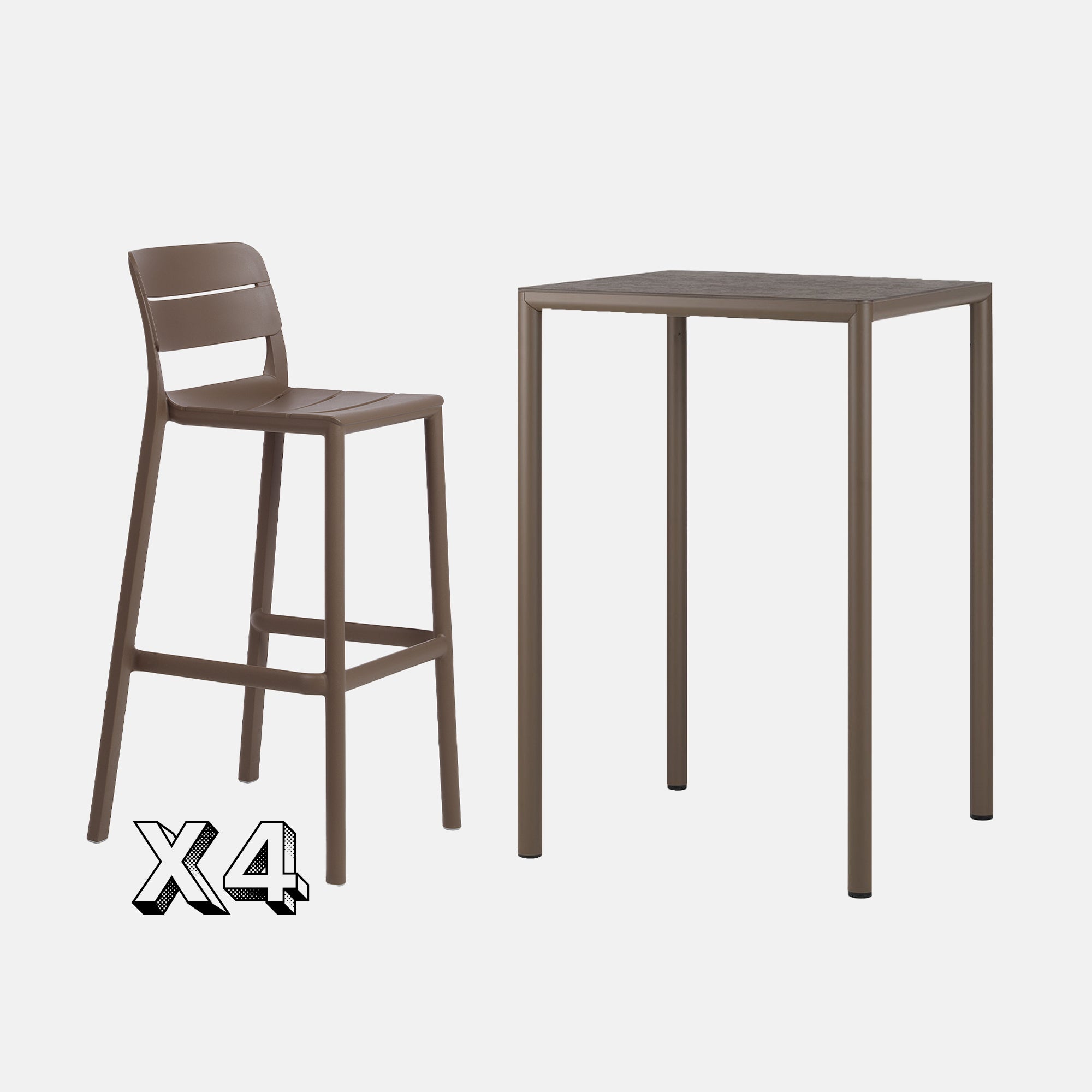 Brown Cassia bar stool and square table on a white background with 'X4' text.