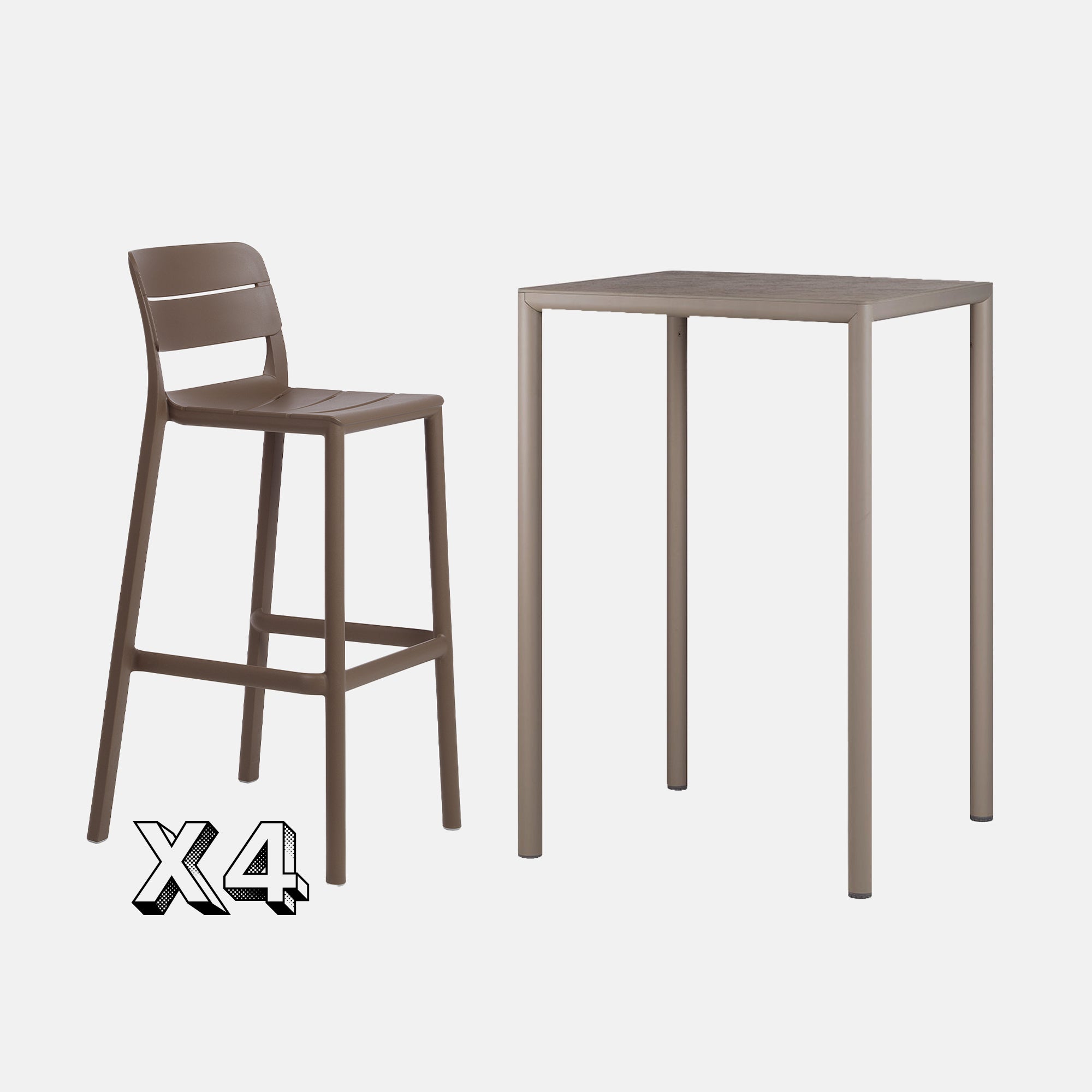 Brown  Cassia Bar Stool And Square Piave Bar Table On A White Background 